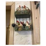 Metal Shelving with Ceramic Rooster Figurines
