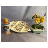 Lot: Ceramic Relish Tray, Shaker, and Floral Decor