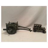 Cast Iron Horse-Drawn Cart and Car Toy Set