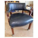 Wood Armchair With Navy  Leather Upholstery