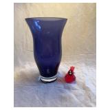 Cobalt Blue Glass Vase and Crystal Cardinal