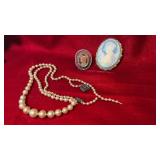 Cameo Brooch, Cameo Ring, and Faux Pearl Bead