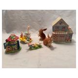 Easter Village House and Bunny Figurines Lot