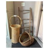 Two Wicker Baskets and Rustic Wood Ladder