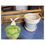 Metal Rabbit Ceramic Planter and Wood Trough