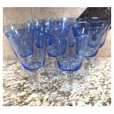 8 Blue Glass Water Goblets with Clear Stems