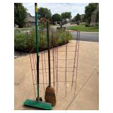 2 Brooms and 3 Folding Wire Tomato Cages