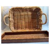 Woven Rattan and Wood Trays