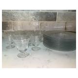 Etched Cut Glass Dessert Plates and Bowls Set