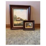Two Framed Cabin Landscape Oil Paintings