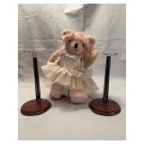 Plush Bear in Pink Dress with Two Doll Stands