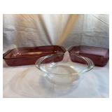 Pyrex Cranberry and Clear Glass Ovenware Lot