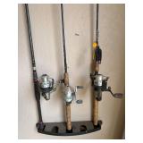 Lot of 3 Fishing Rod and Reel Combos with Rack