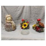 Twig Snowman Glass Plate and Floral Decor