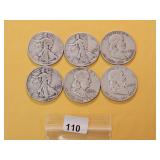 Six Mixed US Silver Half Dollars