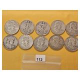 Ten Mixed US Silver Half Dollars
