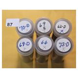 Six Circulated Jefferson Nickel Rolls