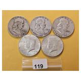 Five Mixed US Silver Half Dollars