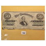 1862 Confederate States $50 Dollar Note
