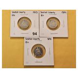 Three Circulated Seated Liberty Silver Dimes