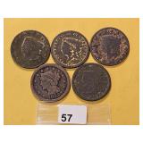 Five Circulated US Large Cents