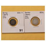 Two Circulated Seated Liberty Silver Half Dimes