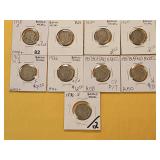 Nine Mixed Buffalo Nickels