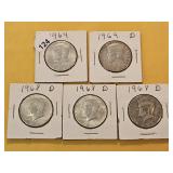 Five Kennedy Silver Half Dollars