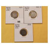 Three Circulated Seated Liberty Silver Dimes