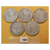 Five AU Morgan Silver Dollars