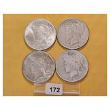 Four Peace Silver Dollars