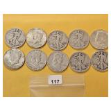 Ten Mixed US Silver Half Dollars