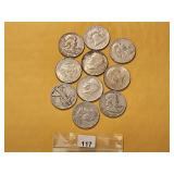 Ten Mixed US Silver Half Dollars