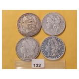 Four Circulated Morgan Silver Dollars