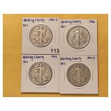 Four Walking Liberty Silver Half Dollars