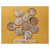 Ten Mixed US Silver Half Dollars