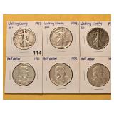 Six US Silver Half Dollars