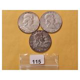 Three Franklin Silver Half Dollars
