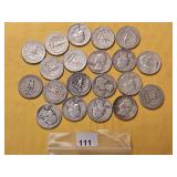 Twenty Mixed Washington Silver Quarters