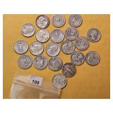 Twenty Mixed Washington Silver Quarters