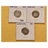 Three Seated Liberty Silver Dimes