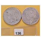 Two 1922 Peace Silver Dollars