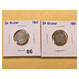 Two Circulated 3 Cent Nickels