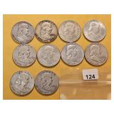 Ten Franklin Silver Half Dollars