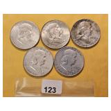 Five Franklin Silver Half Dollars