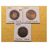 Three Circulated Coronet Head Large Cents