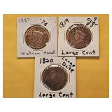 Three Circulated Coronet Head Large Cents