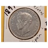 1897 Spain Silver 5 Pesetas