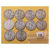 Ten Walking Liberty Silver Half Dollars