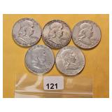 Five Franklin Silver Half Dollars